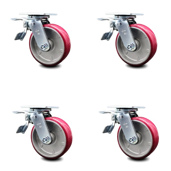 6 Inch Poly on Aluminum Caster Set with Ball Bearings and Total Lock Brakes SCC